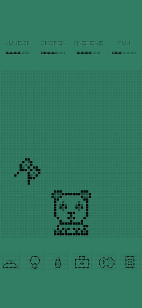 Retro pixel art gameplay of Wildagotchi showing a panda pet and status bars