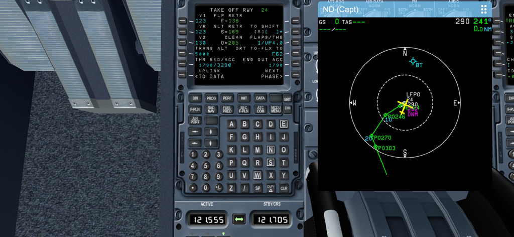 Airbus A330 Cockpit-Oberfläche mit MCDU und Navigationsanzeige für Pilotentraining
