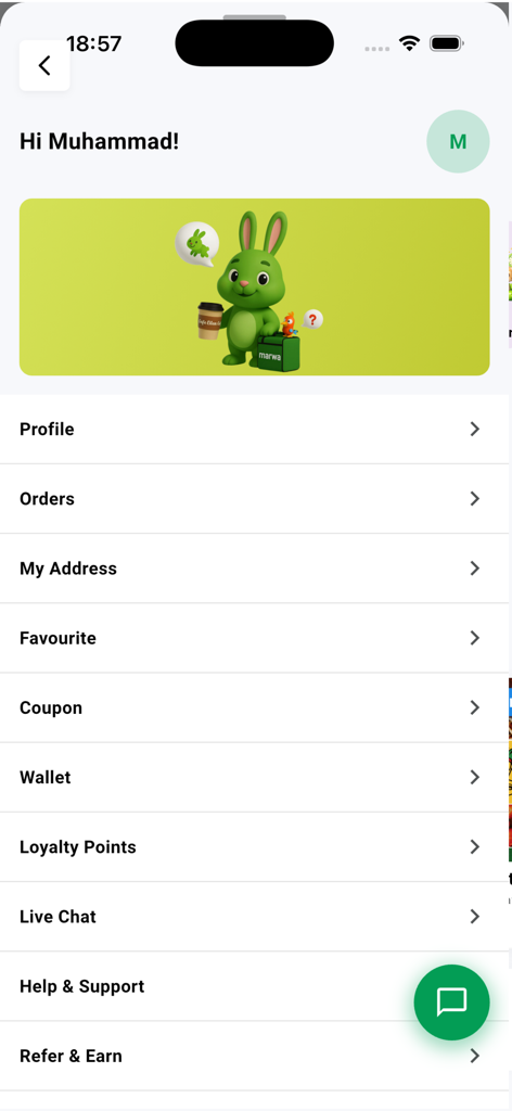 Marwa Foods: Food Delivery - Marwa Foods app user account screen featuring a profile menu and a green bunny mascot.