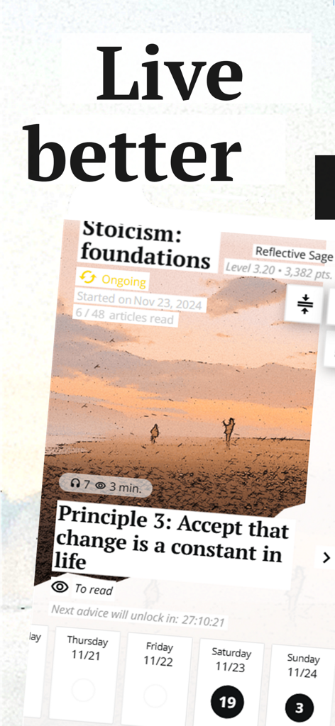 mmmarcus: a stoic mindset - A mobile app interface displaying a Stoicism foundations course with a lesson titled Principle 3 Accept that change is a constant in life