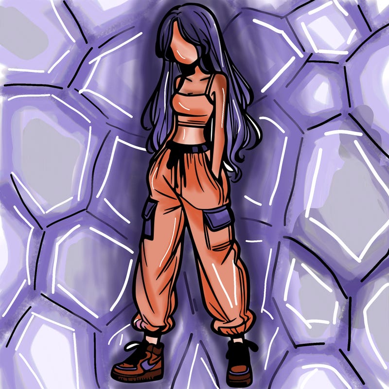 girl in baggy pants crop top and long hair