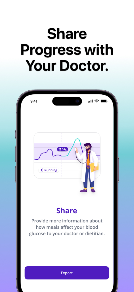 SNAQ app screen showing a feature to export and share glucose and meal progress with a doctor or dietitian.