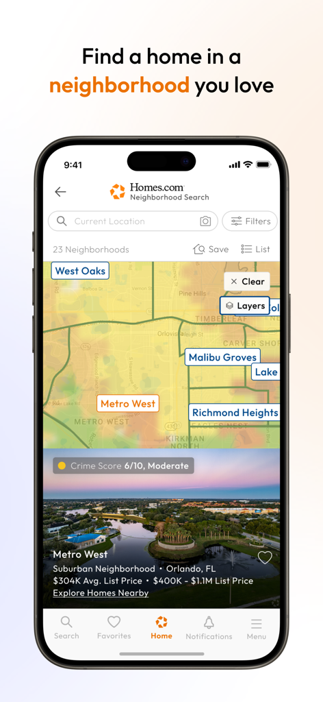 Homes.com app neighborhood search screen showing a map with crime scores and local neighborhood data