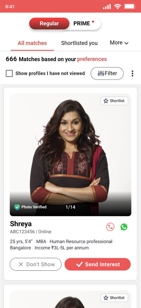 DivorceeMatrimony - DivorceeMatrimony app screen showing a verified profile with personal details and match preferences