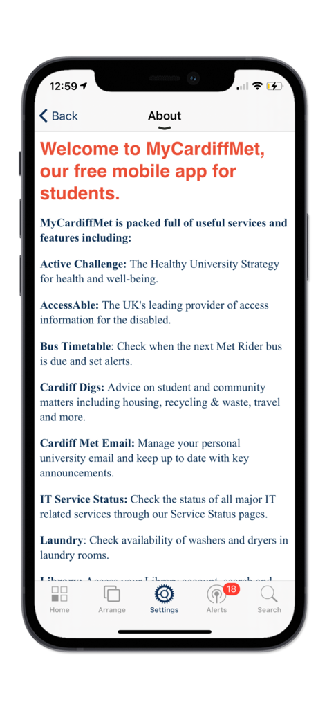 Cardiff Met University - A screenshot of the MyCardiffMet app About page listing student services like Bus Timetable Cardiff Digs and Email