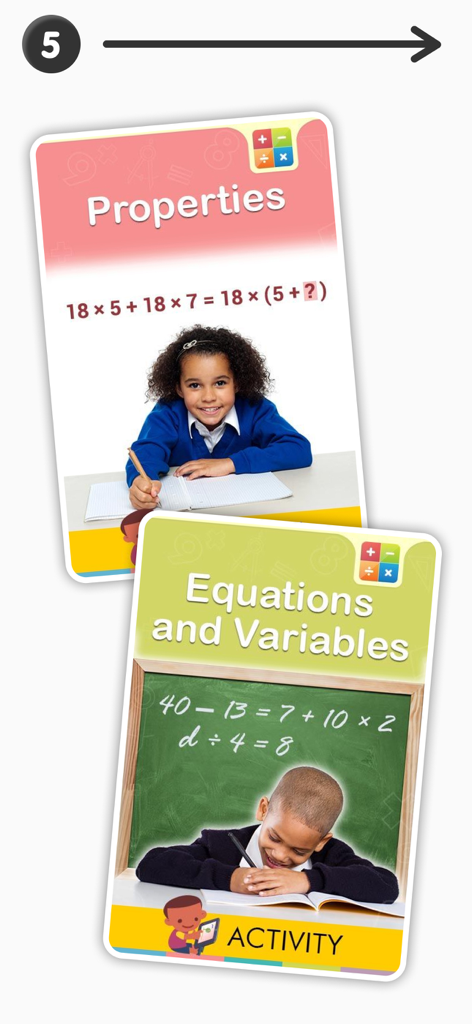 Educational cards for 3rd grade math showing properties and equations topics