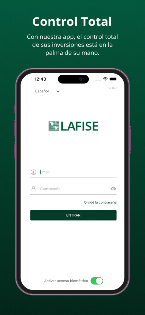 LAFISE Advisor - Login screen of the LAFISE Advisor mobile app featuring fields for email and password.