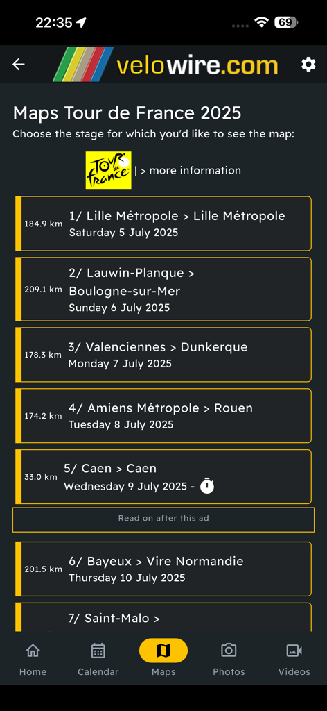 velowire - Screenshot of the velowire app displaying a list of stages for the Tour de France 2025 including locations, dates, and distances.