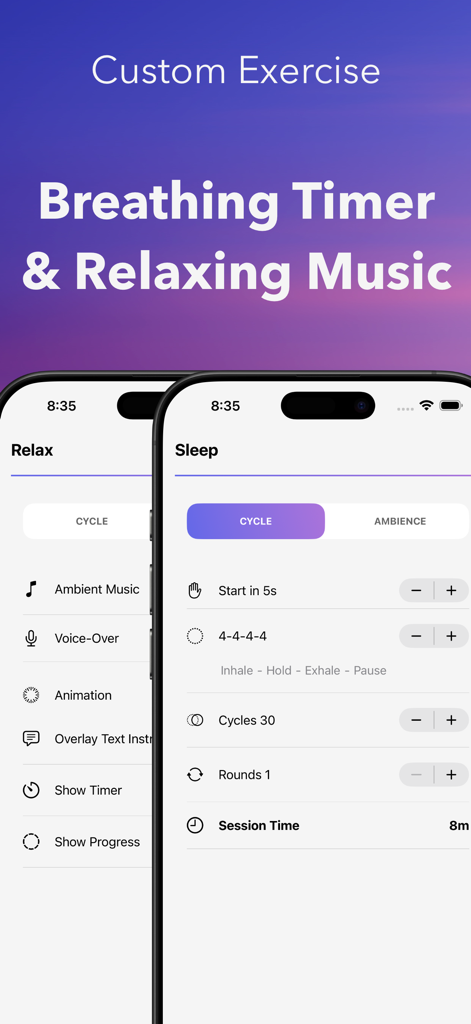 Box Breathing - Breathe Even - Box Breathing App-Oberfläche zum Anpassen von Atemzyklen und Ambient-Hintergrundmusik.