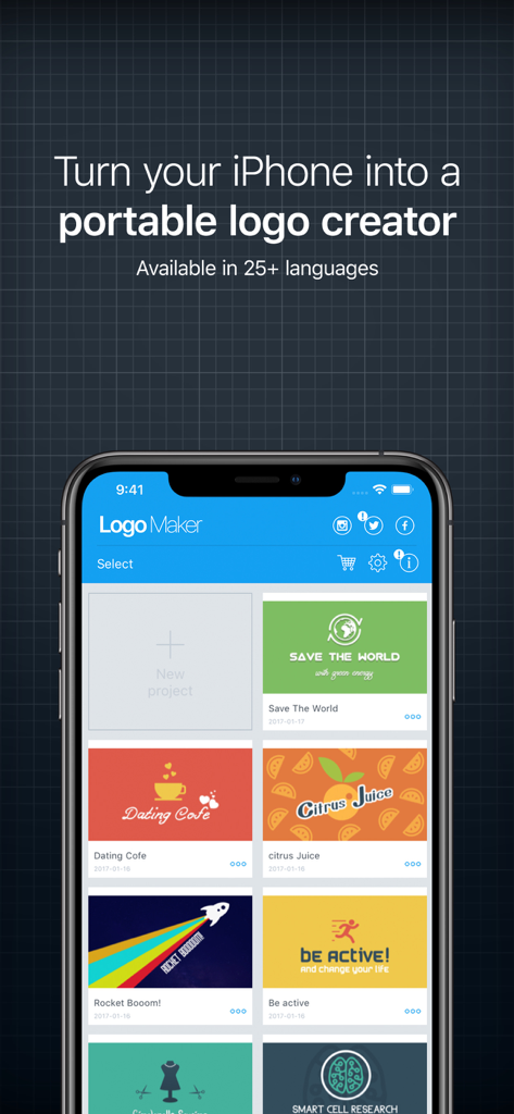Logo Creator゜ - An iPhone displaying a gallery of diverse logo design projects within the Logo Creator app.