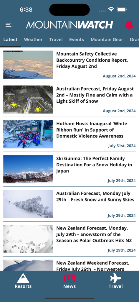 Mountainwatch - Mountainwatch app news feed showing snow reports and weather forecasts for ski resorts