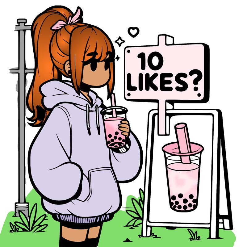 girl with oversized hoodie drinking boba and she has a high ponytail with a sign that says 10likes?