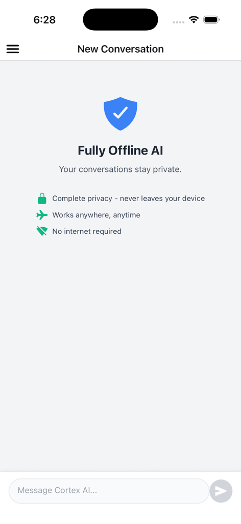 Tela do aplicativo Cortex Local AI mostrando recursos de privacidade offline e um ícone de escudo seguro
