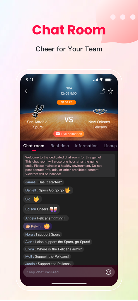 Z8Score app live chat room screen where fans cheer for their teams during a basketball match