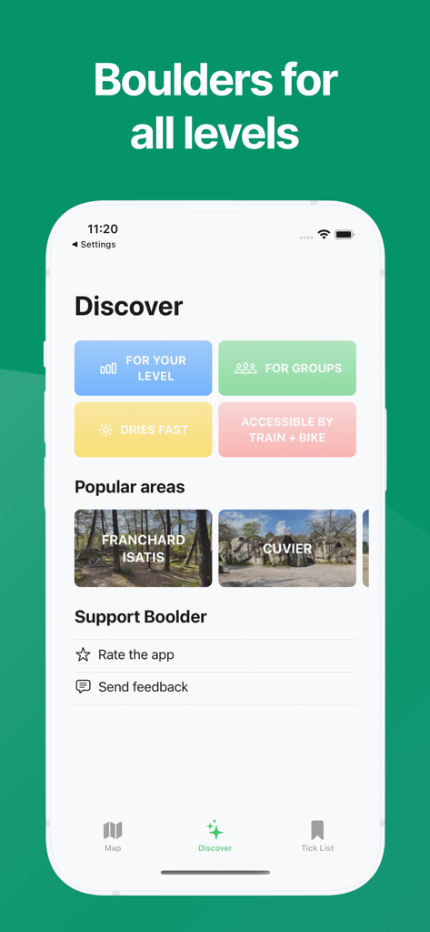 Boolder - Boolder app discover screen showing popular bouldering areas and level filters for Fontainebleau