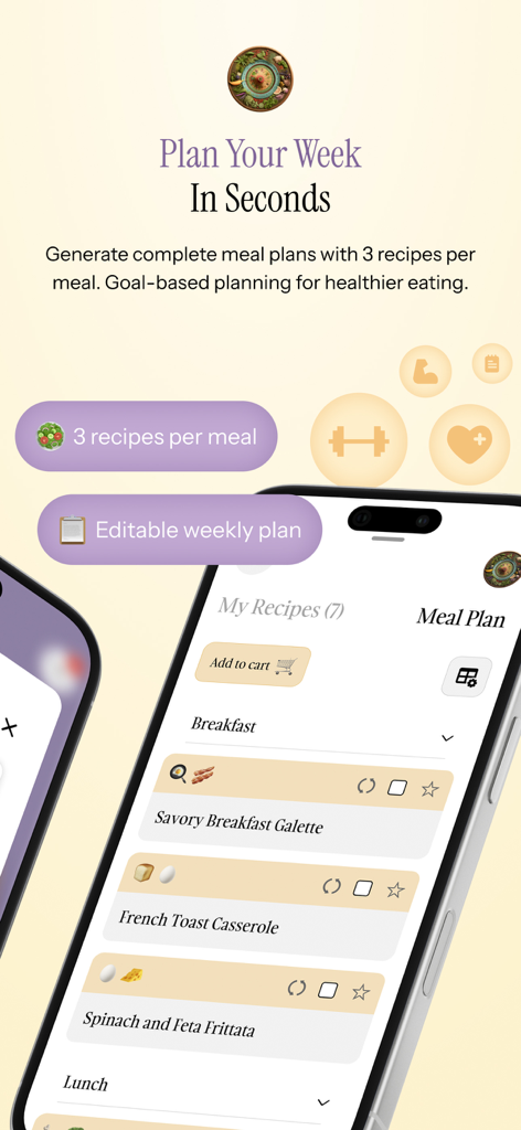 Recipe Roulette - Recipe Roulette app interface showing a weekly meal plan with breakfast recipes and fitness goal icons