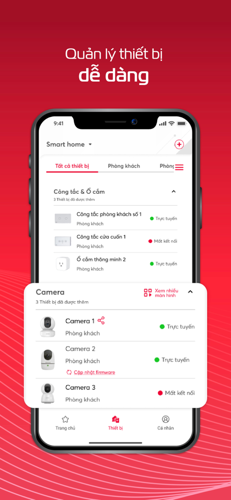 Viettel Home - Viettel Home app interface showing smart home device management for security cameras and smart switches
