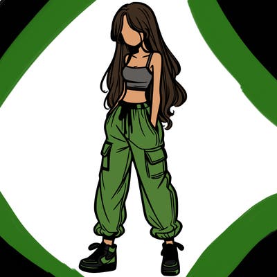 girl in baggy pants crop top and long hair