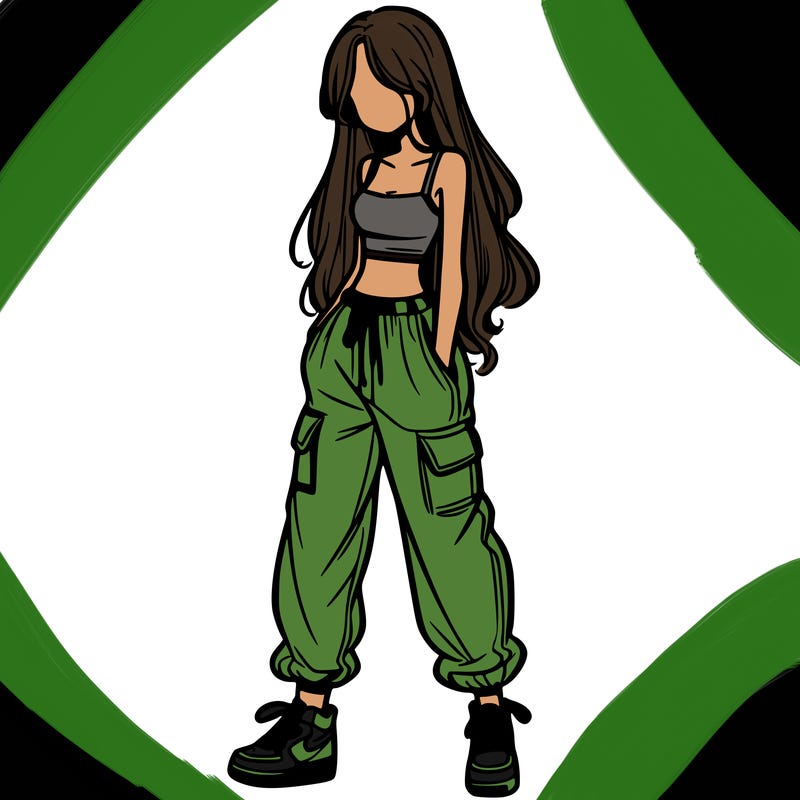 girl in baggy pants crop top and long hair