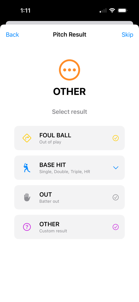 Baseball Speed - Baseball Speedアプリの投球結果選択画面。ファウルボール、ヒット、アウトのオプションが表示されます。