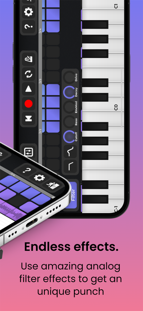 vocalBeazz: Make Beats with AI - vocalBeazz app interface showing analog filter controls and a virtual piano keyboard.