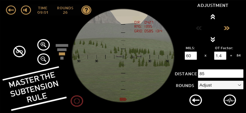 Forward observer scope view showing subtension rule calculations in the Call For Fire simulation app.