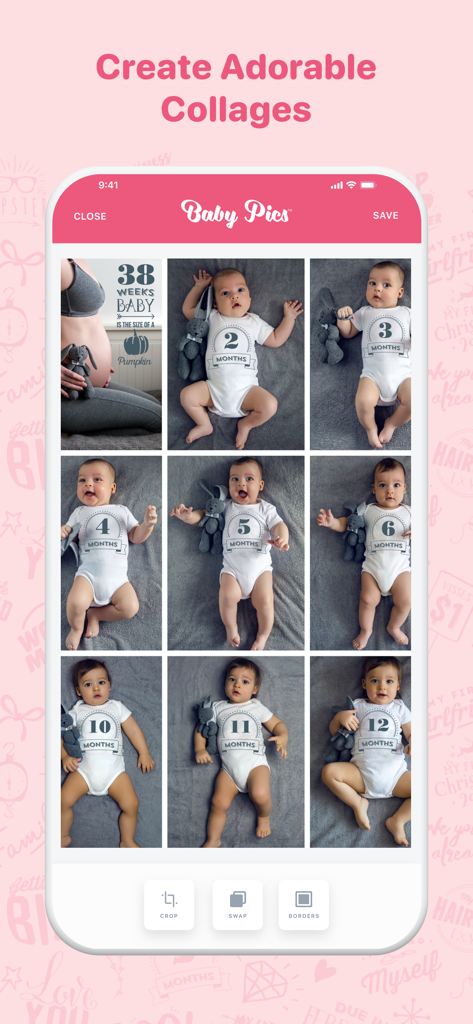 Baby milestone photo collage showing growth from pregnancy to twelve months