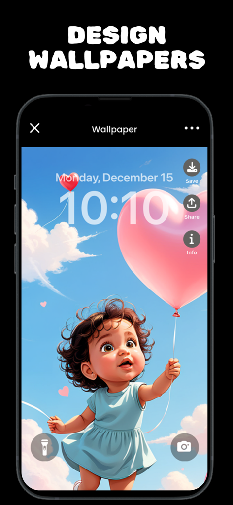 Wonderland: Cartoon Yourself - Un smartphone que muestra un fondo de pantalla personalizado de dibujos animados de IA de un niño sosteniendo un globo de corazón rosa en la aplicación Wonderland