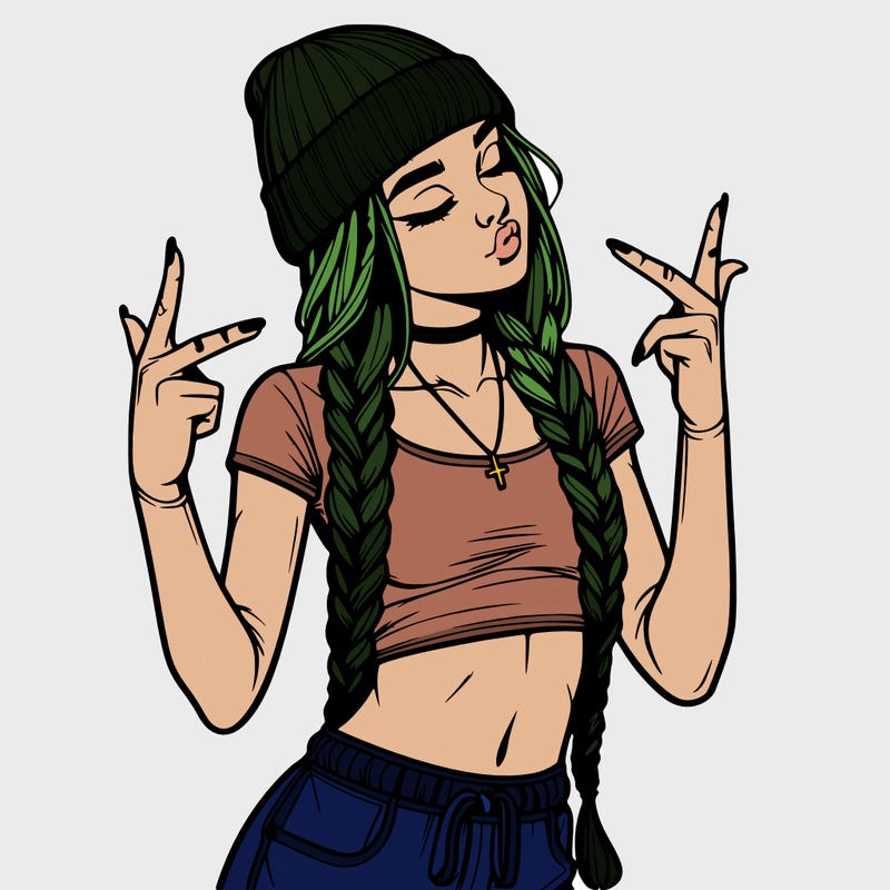 realistic teenage girl with braids and a beanie and crop top doing 🫶🏼