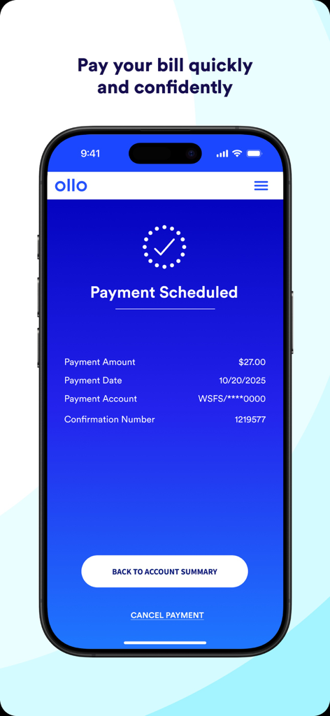 Confirmation screen in the Ollo app showing a scheduled bill payment with amount and account details.