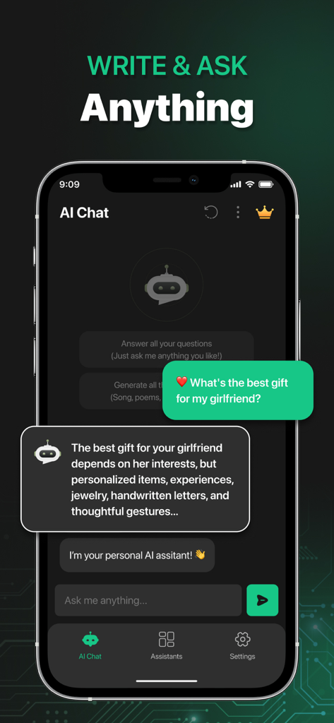 Chat AI Chatbot Assistant - Screenshot of Chat AI app showing a user asking for gift suggestions and receiving a thoughtful response from the chatbot assistant
