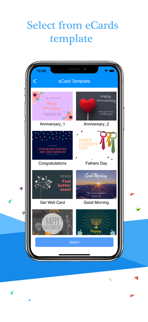 AutoSender Pro - Auto Texting - Una selección de varias plantillas de tarjetas electrónicas digitales para aniversarios y festividades dentro de la interfaz de la aplicación AutoSender Pro.