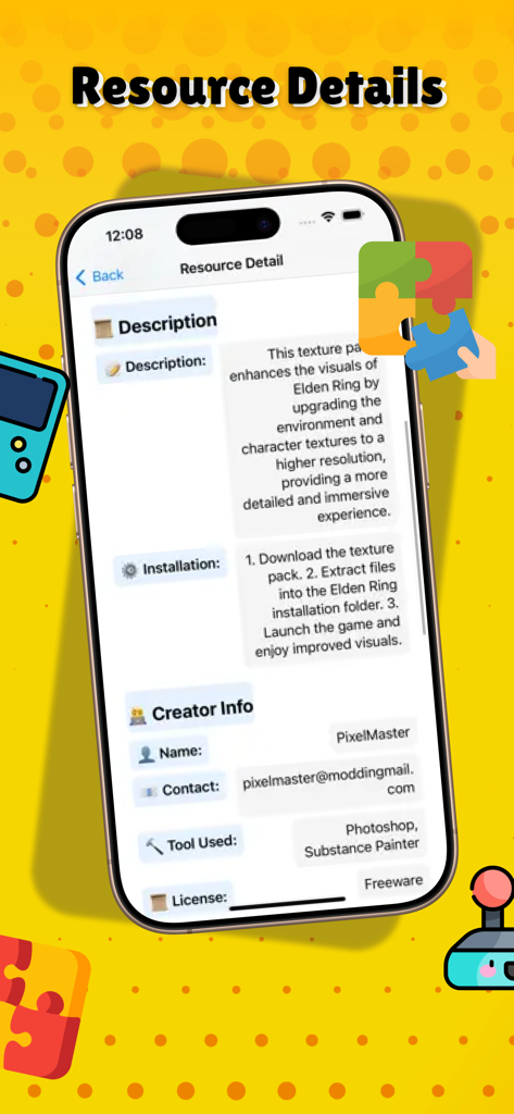 Screenshot of the Resource Details page in the Hub Game Collection app showing a mod description, installation guide, and creator information.