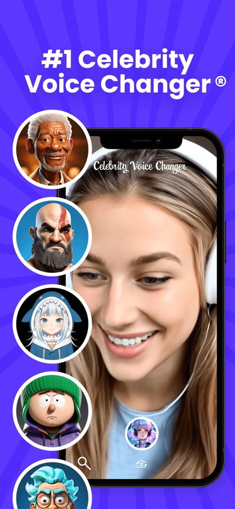 Interface of the Celebrity Voice Changer Live app featuring various celebrity parody voice filters