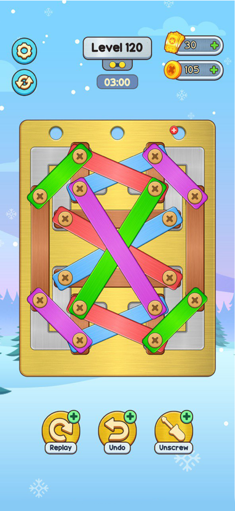 Unscrew Master: Nuts & Bolts - Ein Logik-Rätsel-Level aus dem Unscrew Master-Spiel mit bunten Stangen und Schrauben auf einer Goldtafel