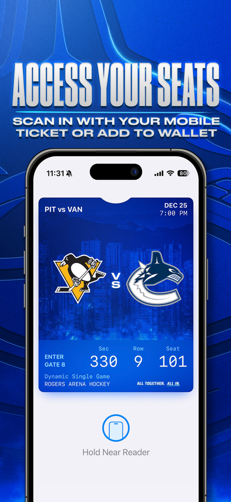 Canucks - Digital ticket for a Vancouver Canucks hockey game at Rogers Arena displayed on a mobile phone