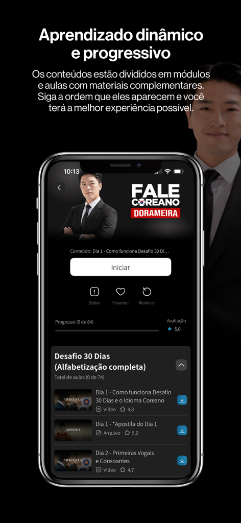Fale Coreano - Captura de pantalla de la aplicación Fale Coreano que muestra el desafío de alfabetización coreana de 30 días y los módulos de lecciones en video con el Profesor Kevin Lee.