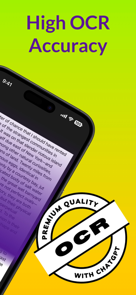App Scanner Libri OCR che mostra scansione di testo ad alta precisione con correzione bozze AI di ChatGPT.