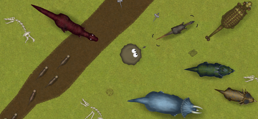 Tasty Planet: Back for Seconds - Grey goo character surrounded by dinosaurs in a prehistoric level of Tasty Planet Back for Seconds.