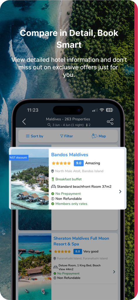 Otelz app interface comparing hotel deals in Maldives with no prepayment options