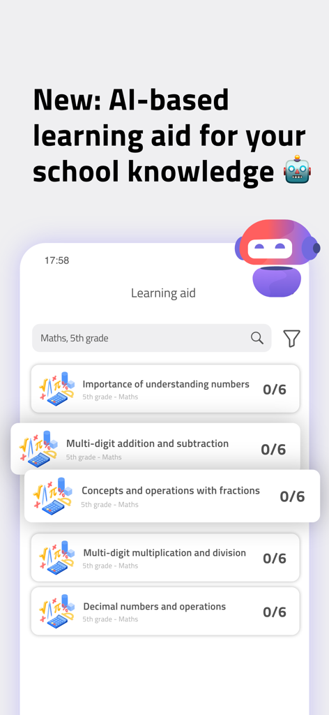 KI-gestützte Lernhilfe-Bildschirm in der scoolio Pro App mit Mathe-Quizthemen für Schüler