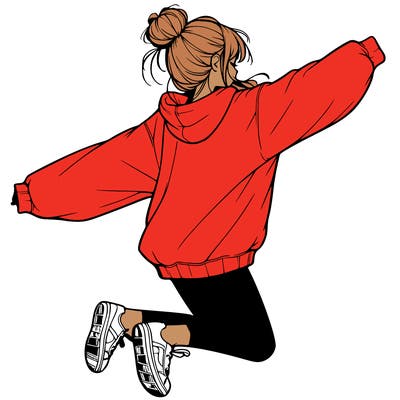 realistic girl jumping with a bun and oversized sweatshirt