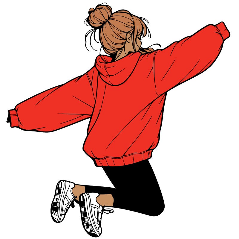 realistic girl jumping with a bun and oversized sweatshirt