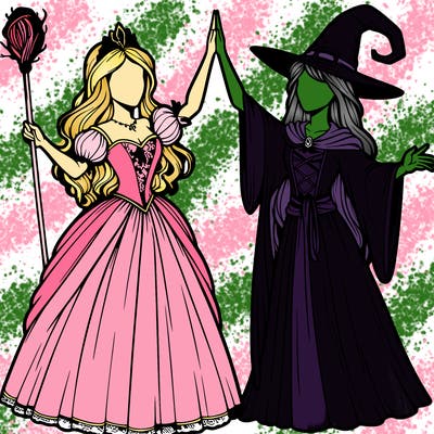 detailed realistic split of a princess and a witch