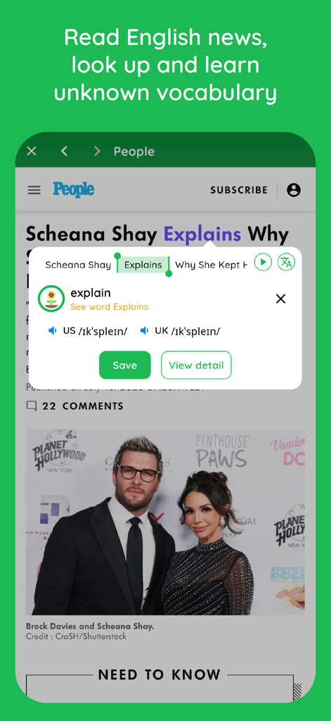 Un'interfaccia di app mobile che mostra un articolo di notizie in inglese con una funzione di ricerca di parole per vocabolario e pronuncia.
