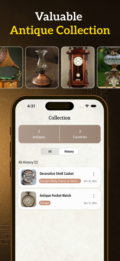RelicSnap - Antique Identifier - Uma tela de celular mostrando o histórico da coleção do aplicativo identificador de antiguidades RelicSnap com um relógio de bolso e uma caixa decorativa de conchas.