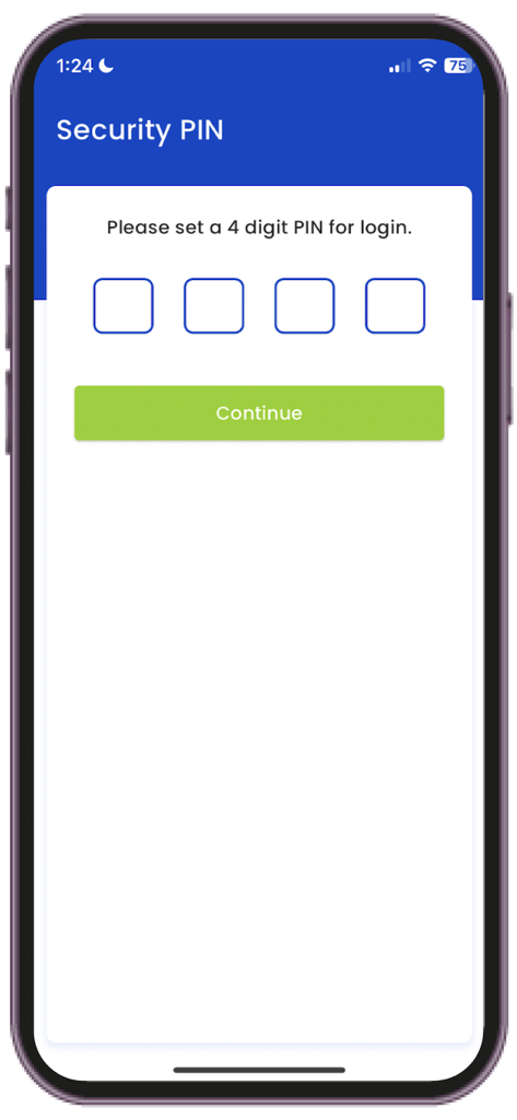 Security PIN setup screen for the Maxi Money Status money transfer tracking app