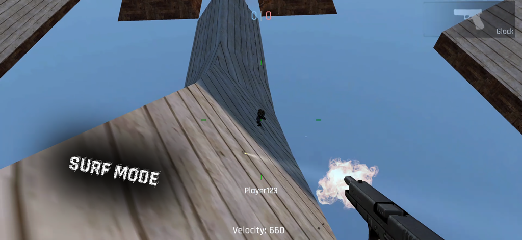 First person perspective of the skill based surf mode in Kontra Zombie Survival showing movement and classic graphics