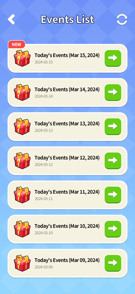 GO! Dice Rewards: Dice & Event - A list of daily events and reward links within the GO Dice Rewards mobile application.